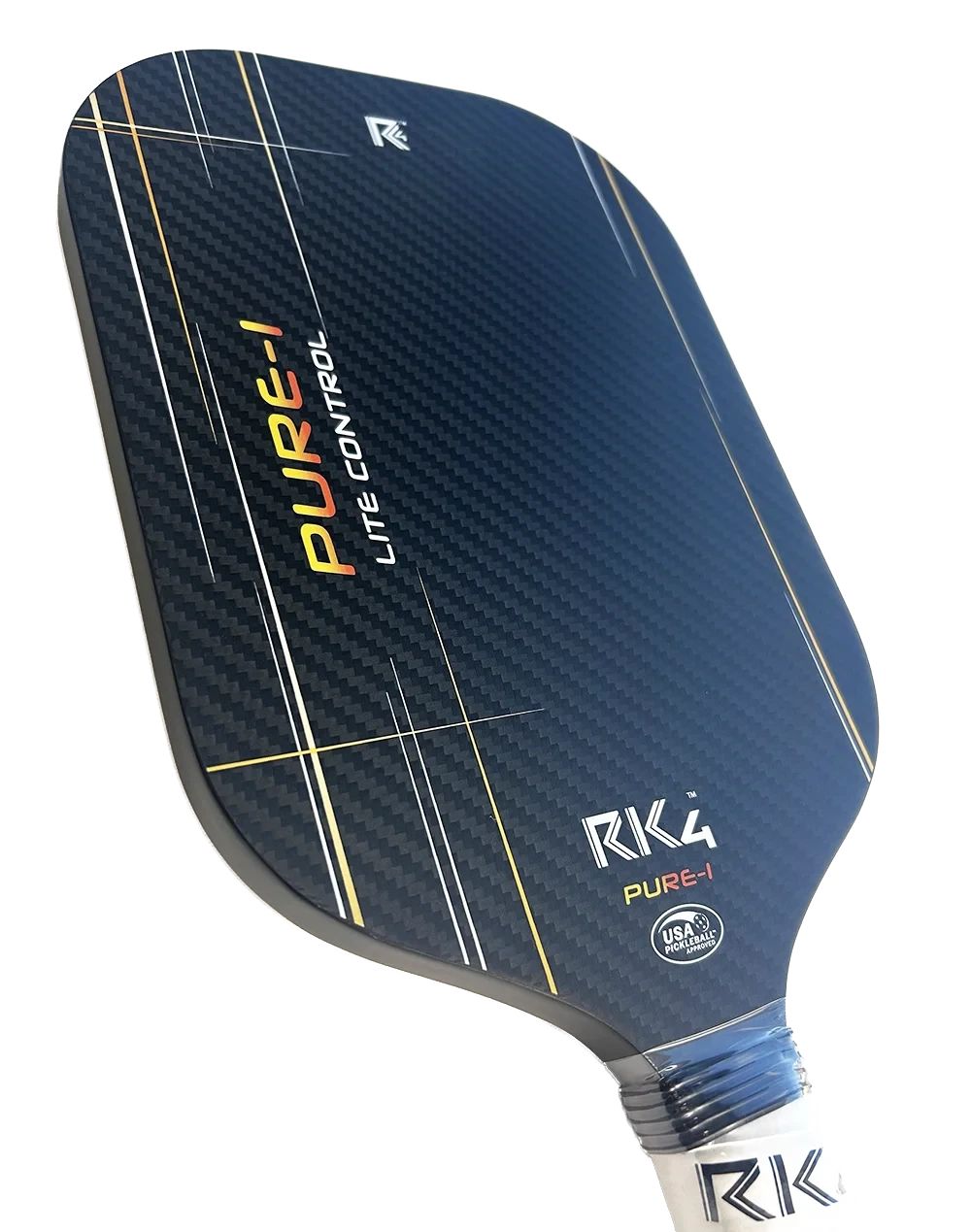 Pickleshop RK4 PURE-1 LITE CONTROL pickleball paddle, black 3K woven carbon fiber surface with gold and white lines.