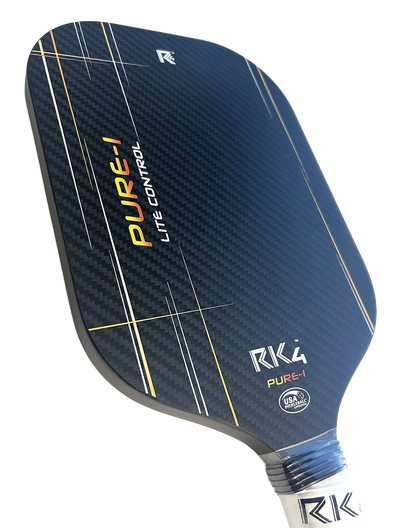 Pickleshop RK4 PURE-1 LITE CONTROL pickleball paddle, black 3K woven carbon fiber surface with gold and white lines.