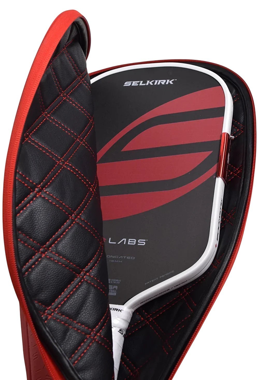Pickleshop Selkirk Labs Project Boomstick pickleball paddle in a black and red quilted protective collector case.