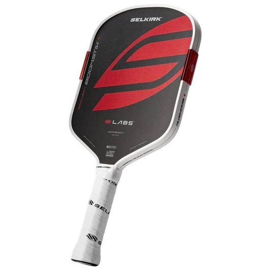 Pickleshop Selkirk Labs Project Boomstick widebody pickleball paddle with black carbon face, red accents, and white grip