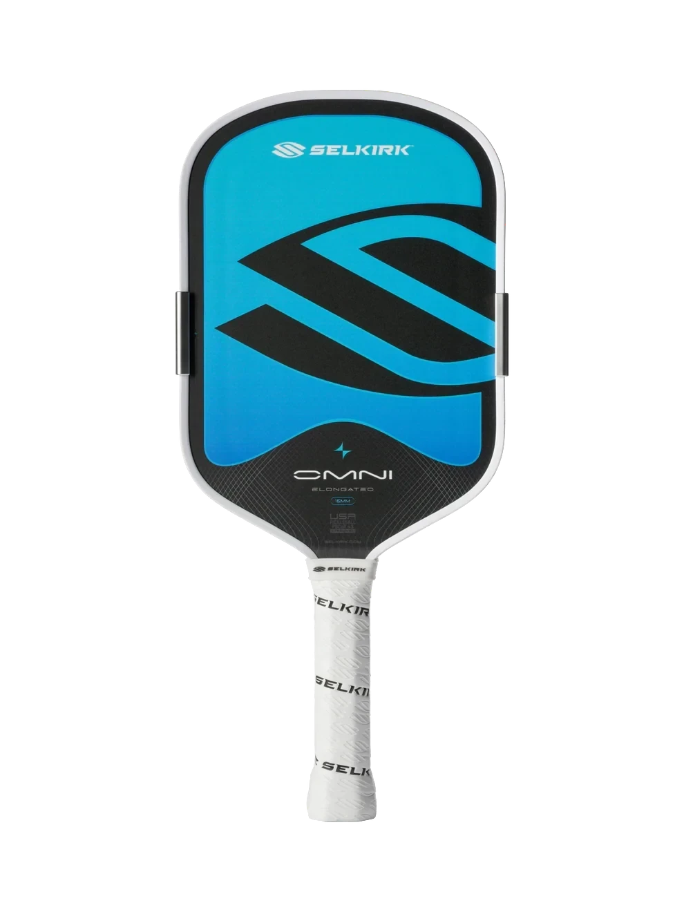 Pickleshop Selkirk Omni elongated pickleball paddle in blue and black with a white handle and adjustable MOI weights.
