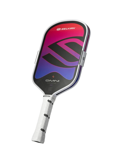 Pickleshop Selkirk Omni elongated pickleball paddle with a vibrant pink and purple gradient face and white grip.