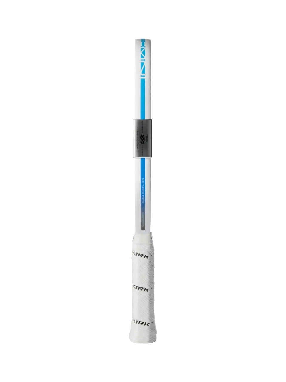 Pickleshop Selkirk Omni pickleball paddle handle featuring a white grip and blue accent detailing on a black background