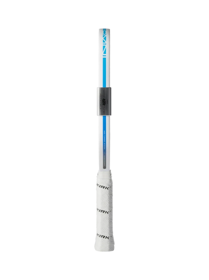 Pickleshop Selkirk Omni pickleball paddle handle featuring a white grip and blue accent detailing on a black background