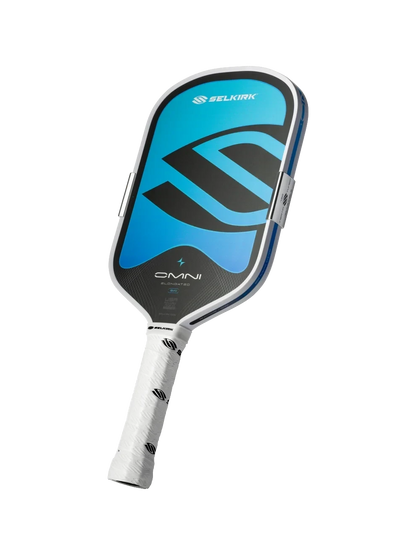 Pickleshop Selkirk Omni elongated pickleball paddle with blue and black face, white grip, and adjustable MOI weights.