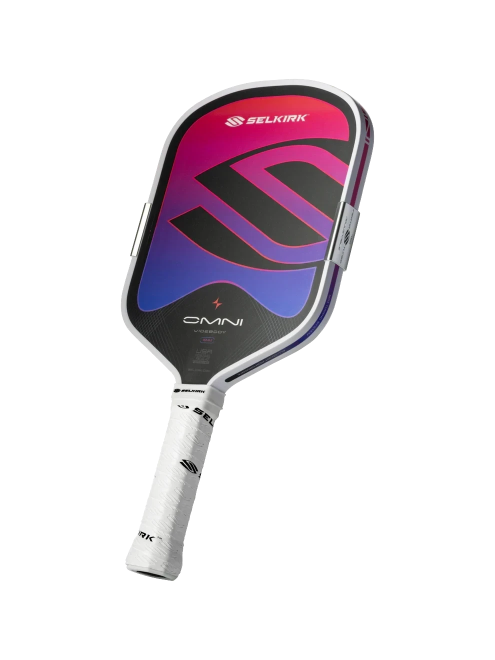 Pickleshop Selkirk Omni widebody pickleball paddle with a vibrant pink and blue gradient face and white grip.