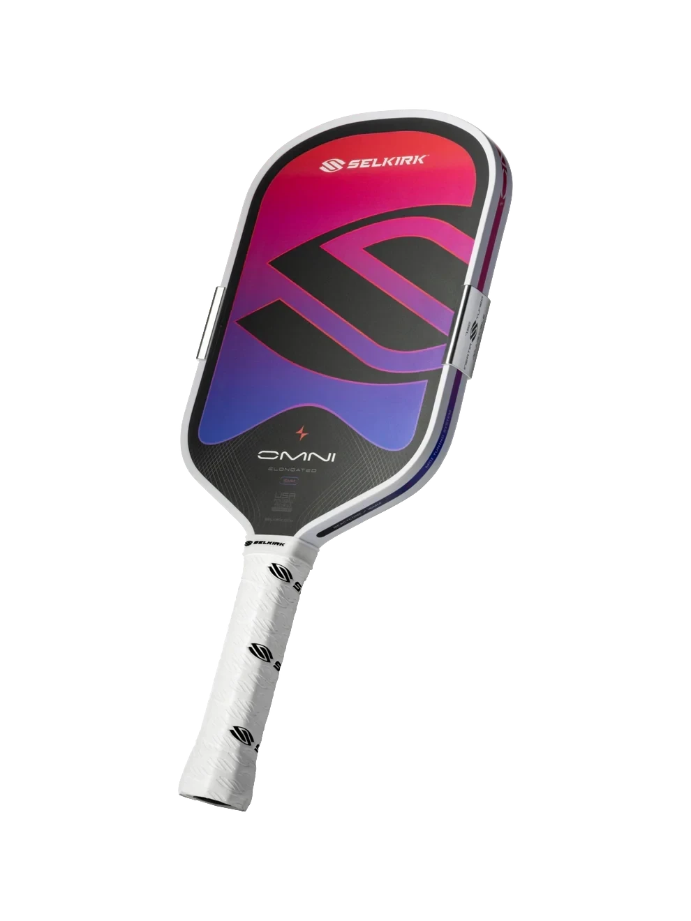 Pickleshop Selkirk Omni elongated pickleball paddle with a vibrant pink and purple gradient face and white handle.