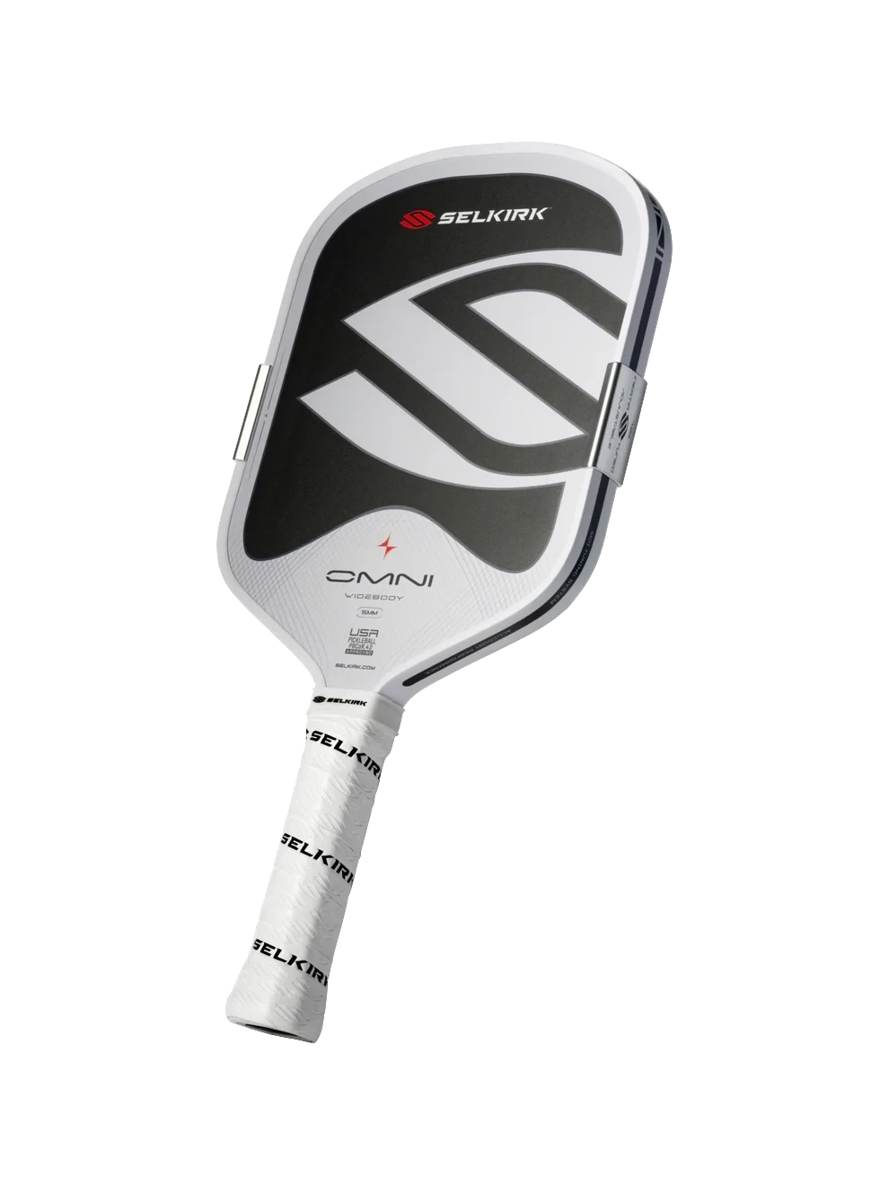 Selkirk Omni widebody pickleball paddle by Pickleshop featuring a black and white design with adjustable MOI weights.