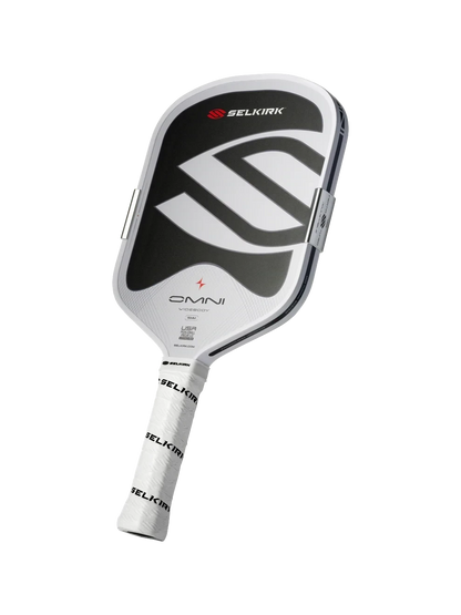 Selkirk Omni widebody pickleball paddle by Pickleshop featuring a black and white design with adjustable MOI weights.