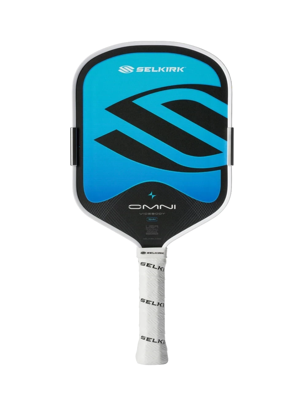 Pickleshop Selkirk Omni widebody pickleball paddle with a blue and black face, white handle, and adjustable MOI weights.