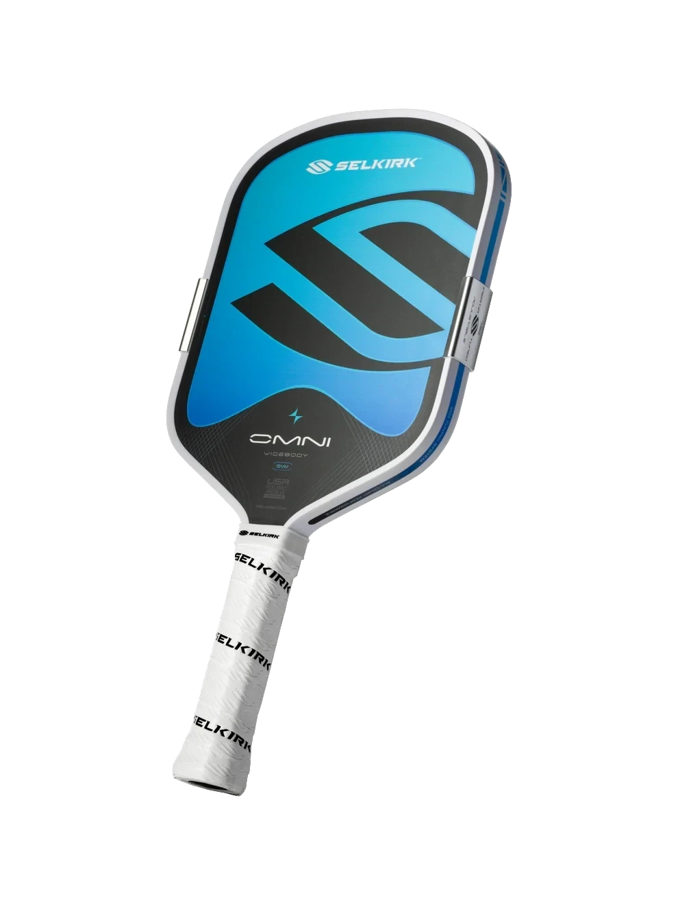 Pickleshop Selkirk Omni Widebody pickleball paddle in blue and black with white grip and adjustable MOI weights.