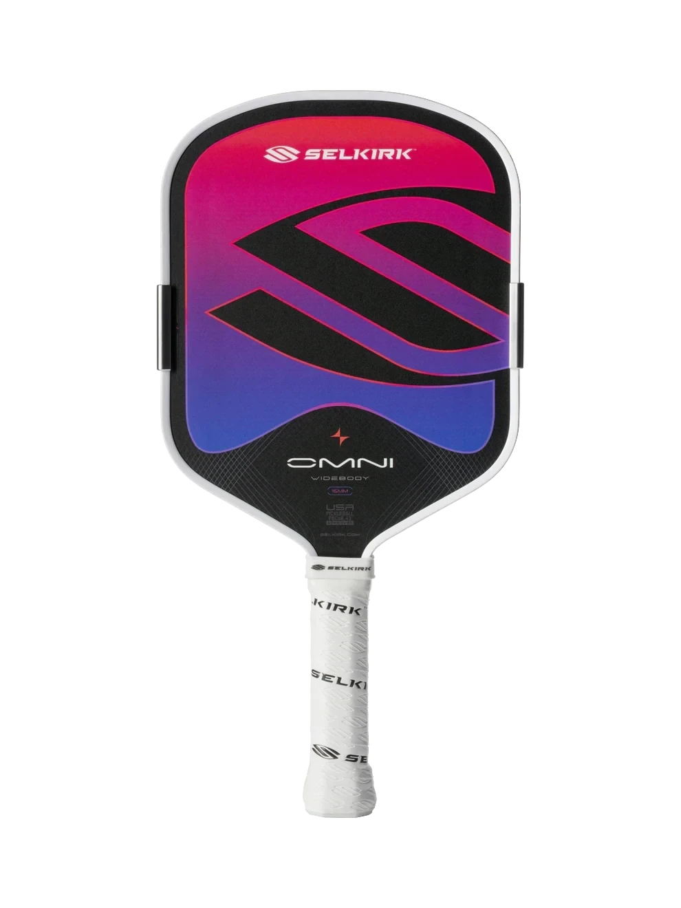 Pickleshop Selkirk Omni widebody pickleball paddle with a vibrant pink and blue gradient face and white grip