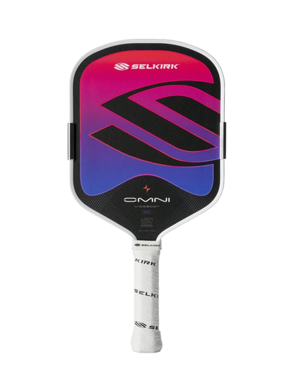 Pickleshop Selkirk Omni widebody pickleball paddle with a vibrant pink and blue gradient face and white grip